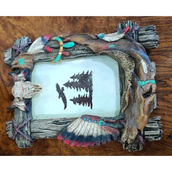 Rustic Native American Motif Resin Picture Frame Chief Cow Head Hide 7x9" Decor - Picture 3 of 15